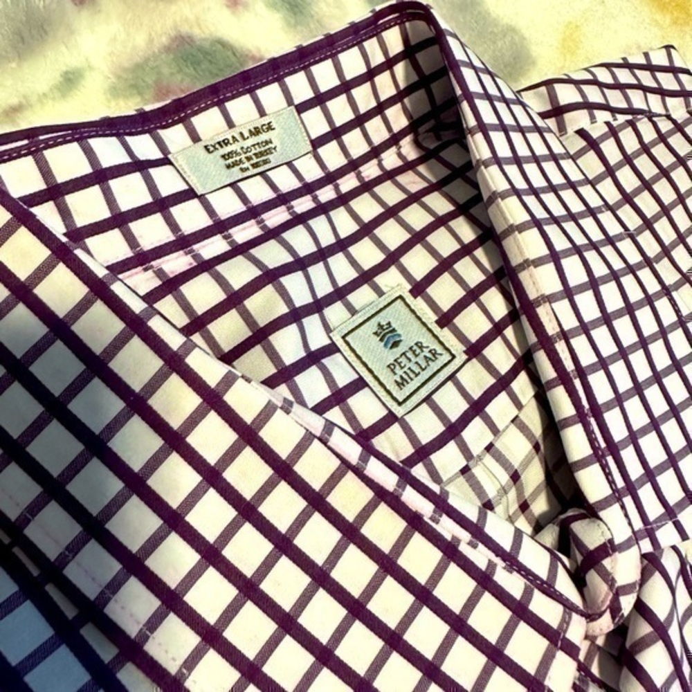 Peter Millar Purple and White Plaid Long Sleeve Button Down Dress Shirt